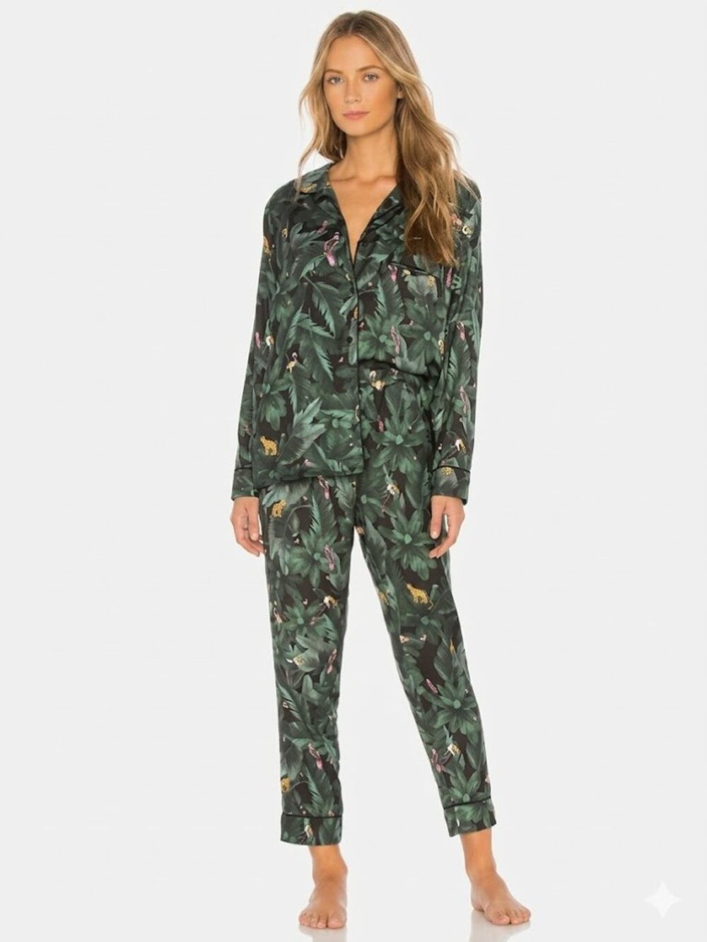 Revolve Plush Apparel Silky Pajama Set Top Pants Jungle Print Emerald Green S